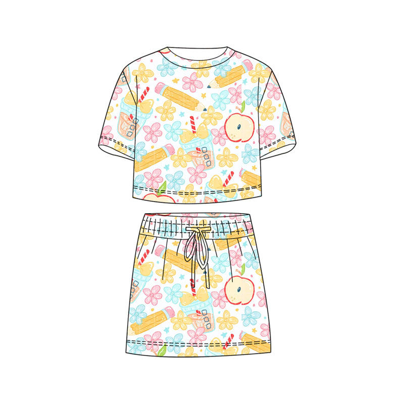 GSD3821 Preorder Baby Girl Colorful Flower Pencils Top Skirt Shorts Back to School Clothes Sets