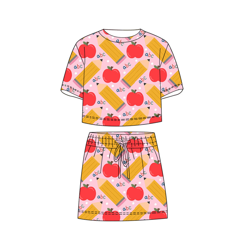 GSD3824 Preorder Baby Girl Apple Pencils ABC Top Skirt Shorts Back to School Clothes Sets