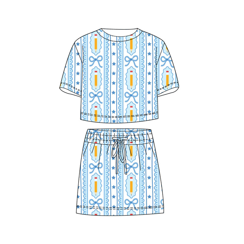 GSD3825 Preorder Baby Girl Bow Pencils Stripe Top Skirt Shorts Back to School Clothes Sets