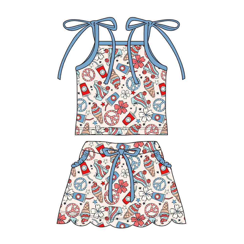 GSD3827 Preorder Baby Girl Strap Coffee Ice Cream Top Pockets Skirt Shorts 4th of July Clothes Sets