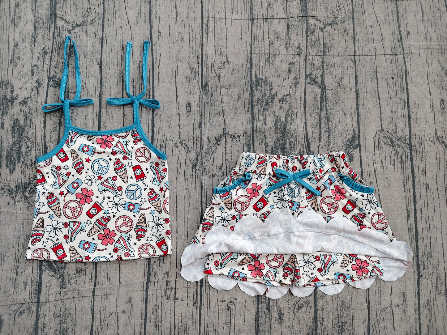 GSD3827 Preorder Sample Baby Girls Strap Coffee Ice Cream Top Pockets Skirt Shorts 4th of July Clothes Sets