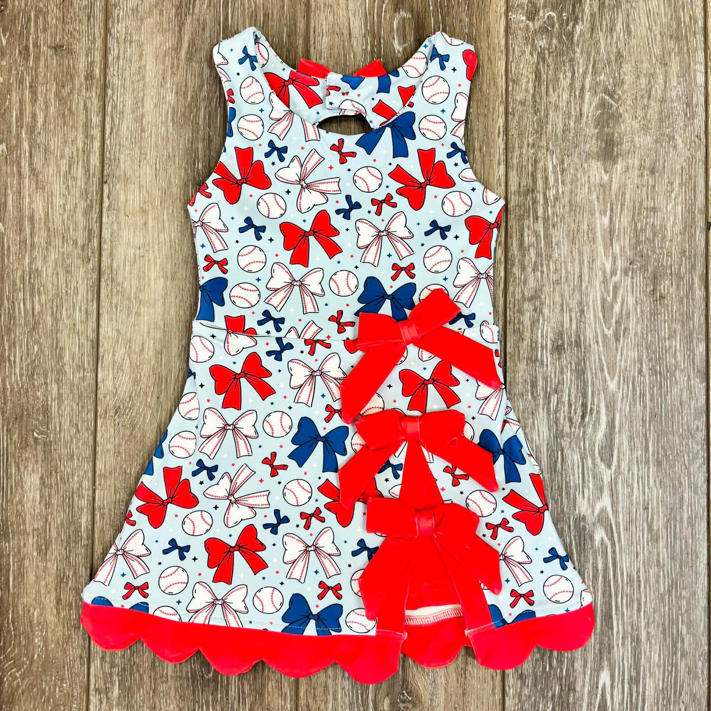 GSD3831 Preorder Baby Girl Baseballs Bows Team Yoga Active Short Knee Length Dresses