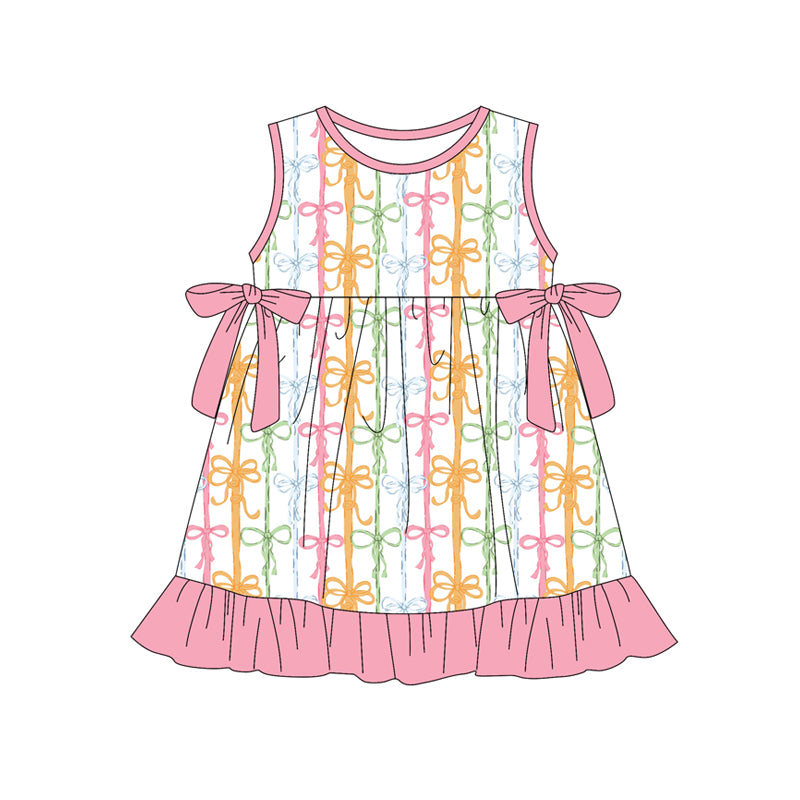 GSD3832 Preorder Baby Girl Colorful Bows Stripe Ruffle Knee Length Dresses