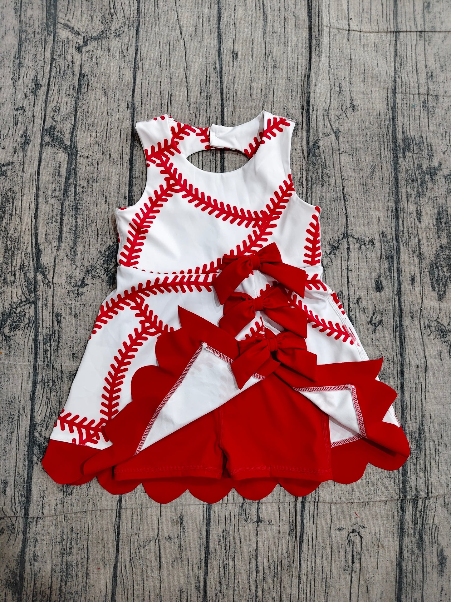 GSD3833 Preorder Sample Baby Girls Baseball Bows Team Yoga Active Scallop Short Knee Length Dress