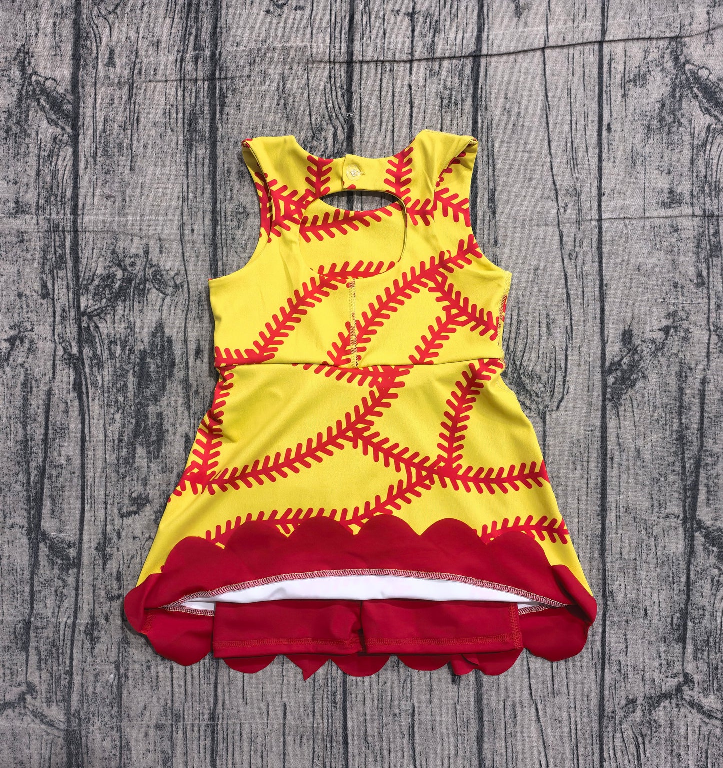 GSD3834 Preorder Sample Baby Girls Softball Bows Team Yoga Active Scallop Short Knee Length Dress