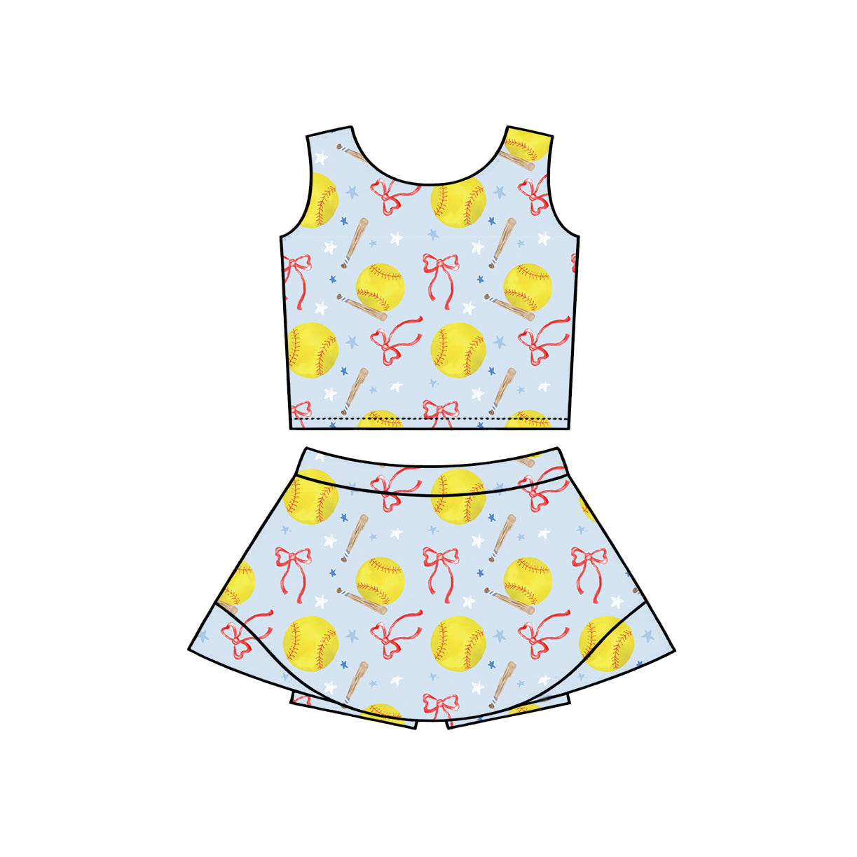GSD3836 Preorder Baby Girl Bows Softballs Vests Top Skirt Short Team Yoga Active Clothes Set