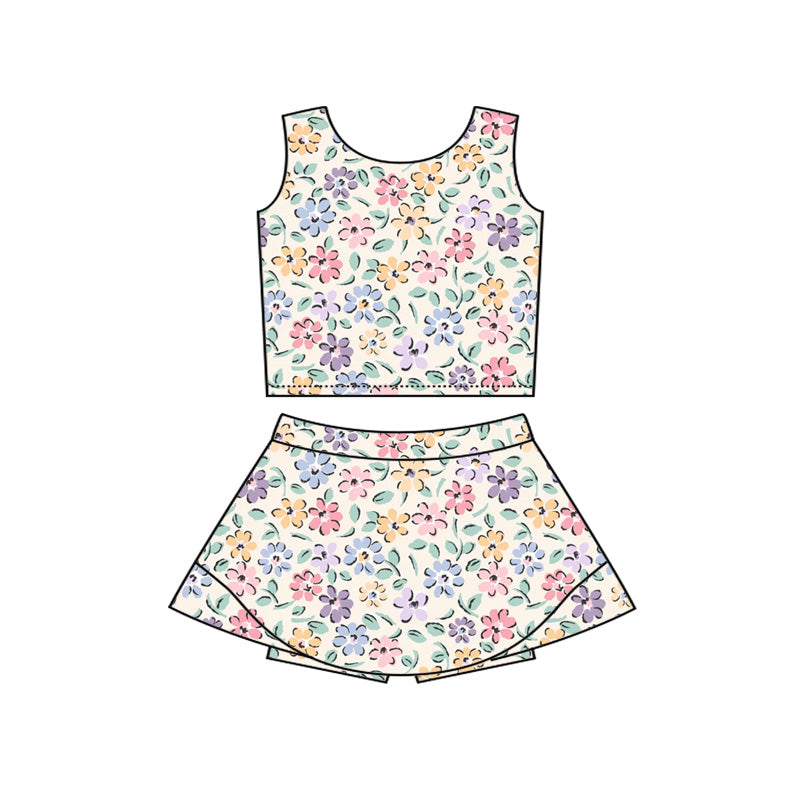 GSD3838 Preorder Baby Girls Colorful Flowers Vests Top Skirt Short Yoga Active Clothes Set