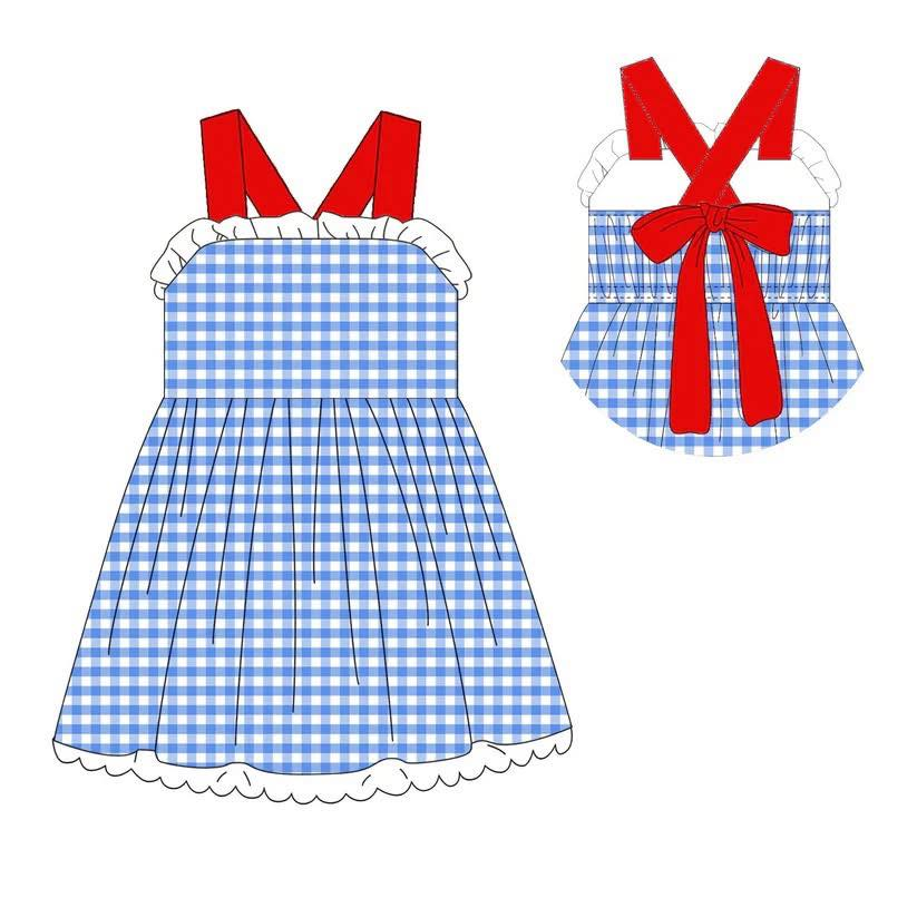 GSD3843 Preorder Baby Girl Strap Blue Checked Back Bows 4th of July Knee Length Dress