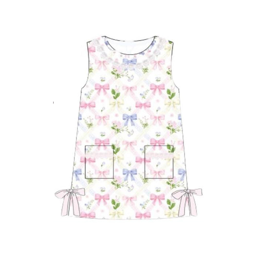 GSD3845 Preorder Baby Girl Sleeveless Bows Flowers Pockets Knee Length Dress