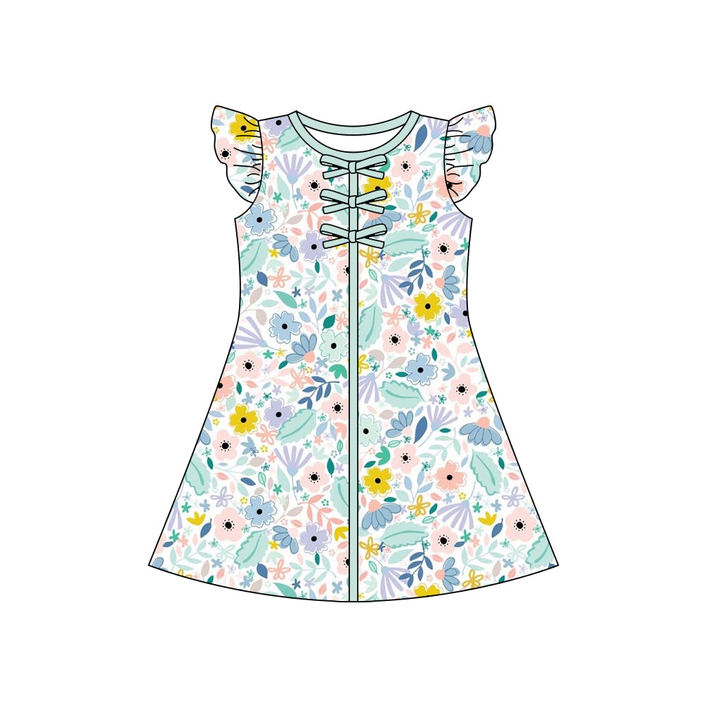 GSD3855 Preorder Baby Girl Flutter Sleeve Colorful Flowers Knee Length Dresses
