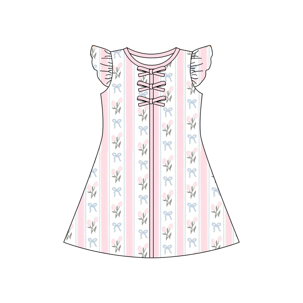 GSD3856 Preorder Baby Girl Flutter Sleeve Bows Flowers Stripe Knee Length Dresses