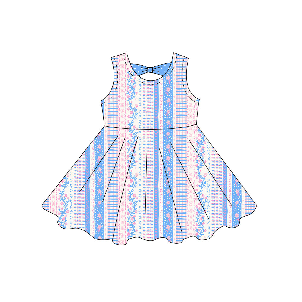 GSD3862 Preorder Baby Girl Sleeveless Flowers Stripe Knee Length Dresses