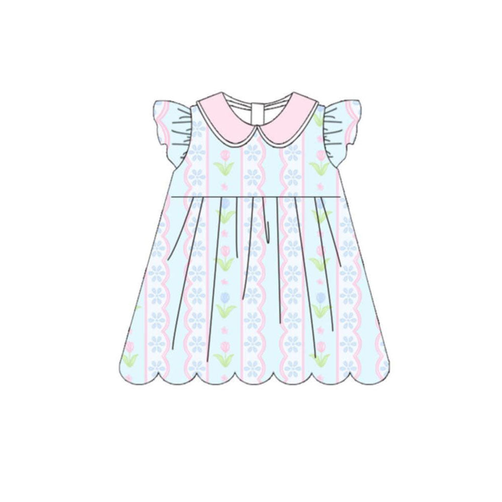 GSD3867 Preorder Baby Girl Flutter Sleeve Flowers Stripe Collar Scallop Knee Length Dresses