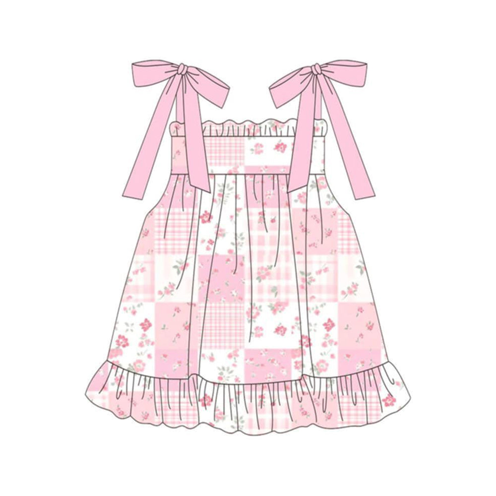 GSD3868 Preorder Baby Girl Pink Strap Flowers Checked Ruffle Knee Length Dresses