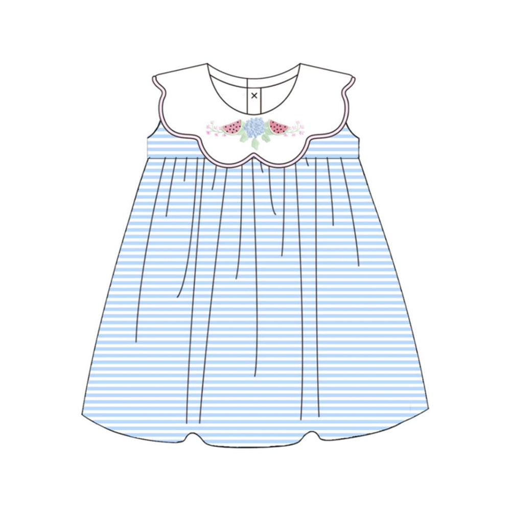 GSD3870 Preorder Baby Girl Sleeveless Blue Stripe Flower Watermelons Knee Length Dresses