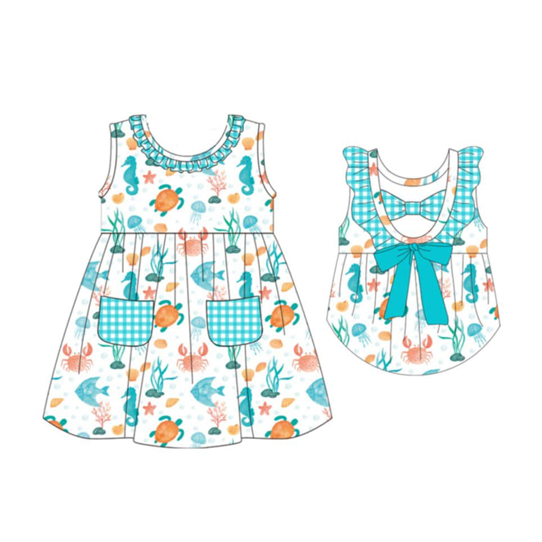 GSD3871 Preorder Baby Girl Sleeveless Tortoise Fishes Pockets Back Bow Knee Length Dresses