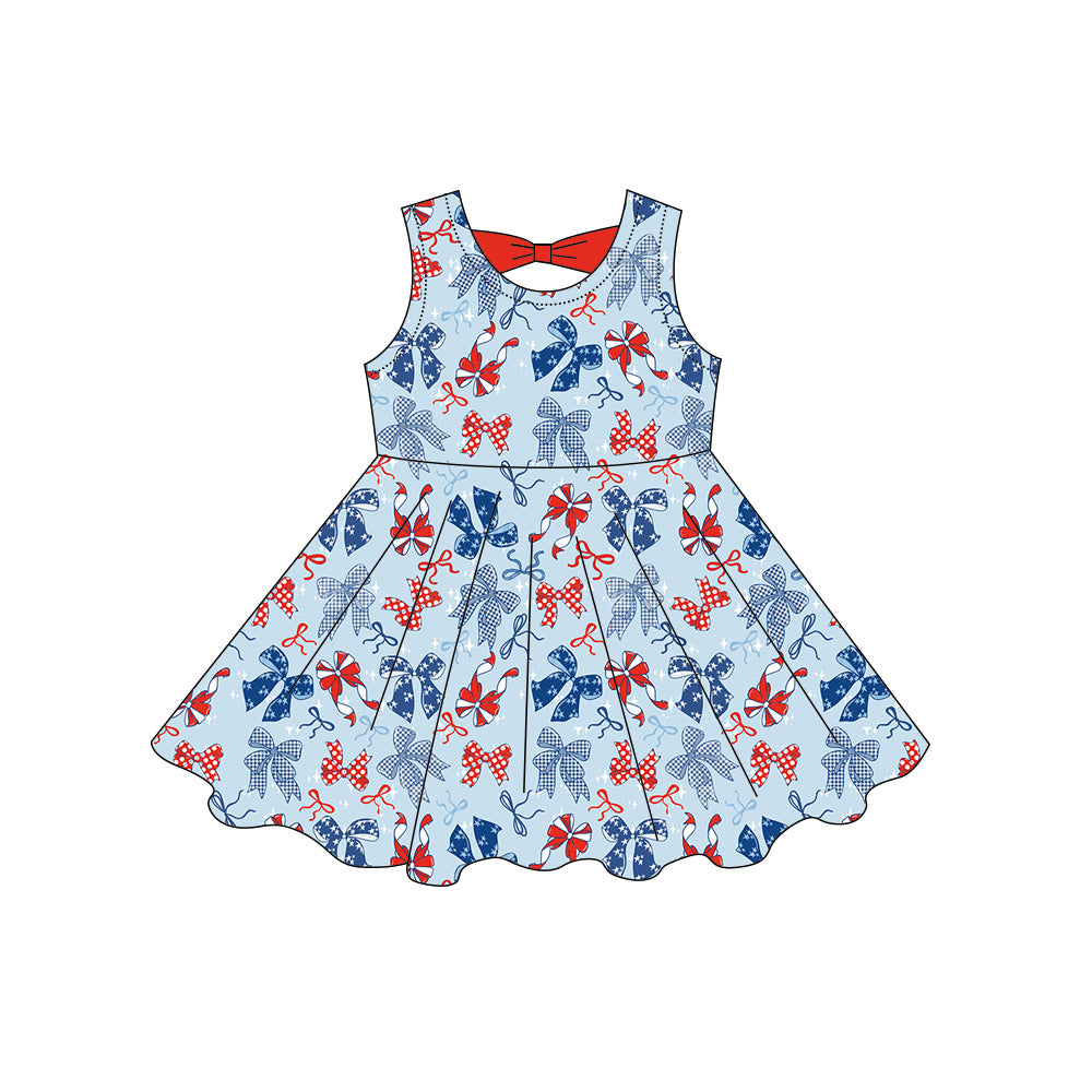 GSD3873 Preorder Baby Girl Sleeveless Red Blue Bows Plaid 4th of July Knee Length Dresses