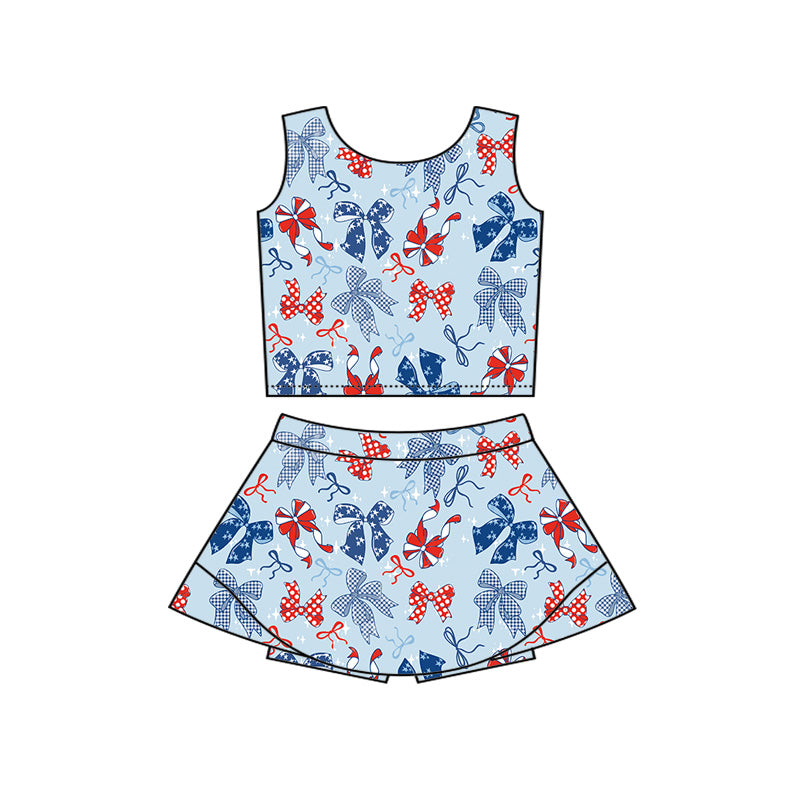 GSD3874 Preorder Baby Girl Red Blue Bows Vests Skirt Short Yoga Active 4th of July Clothes Set
