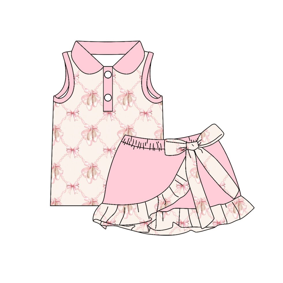 GSD3885 Preorder Baby Girl Pink Bow Shoes Checked Button Top Ruffle Skirt Shorts Clothes Sets