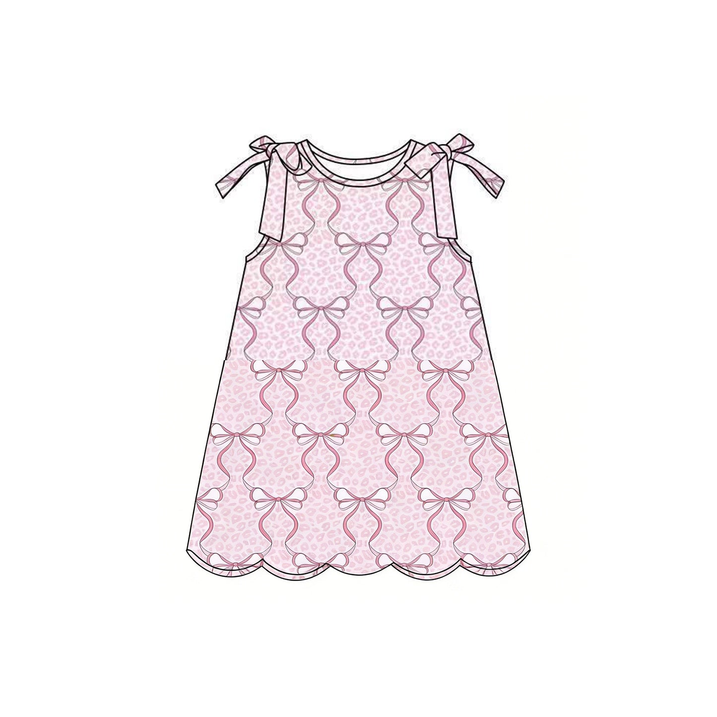 GSD3886 Preorder Baby Girl Sleeveless Pink Bows Leopard Scallop Knee Length Dresses