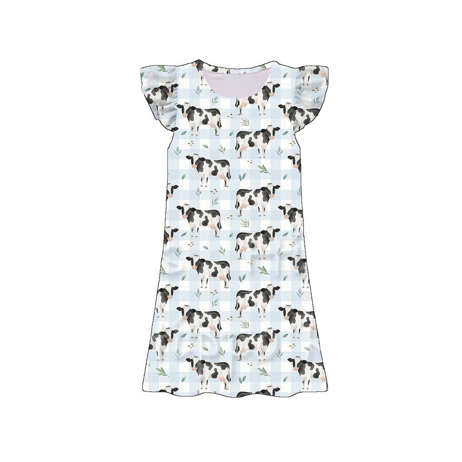 GSD3895 Preorder Baby Girls Flutter Sleeve Blue Checked Cows Farm Knee Length Dresses