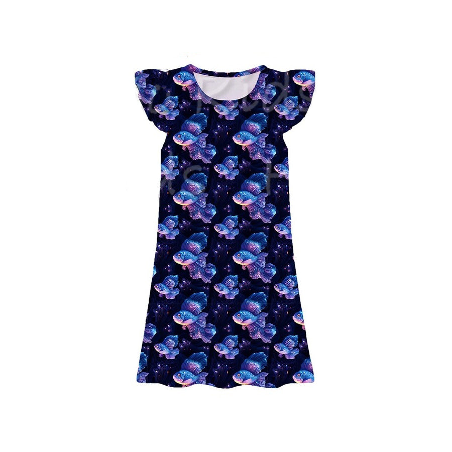 GSD3902 Preorder Baby Girls Flutter Sleeve Flowers Fishes Plaid Knee Length Dresses