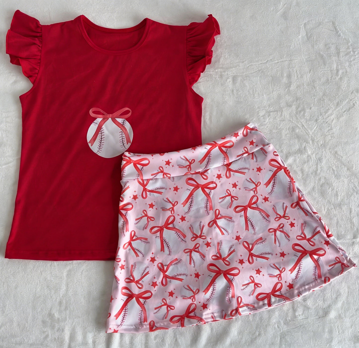 GSD3904 Preorder Baby Girls Red Flutter Sleeve Bow Baseballs Top Skirt Shorts Team Clothes Set