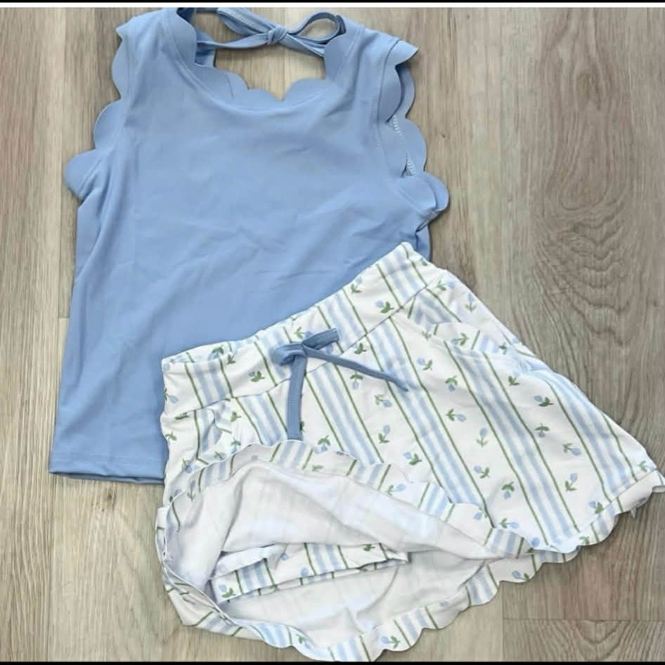GSD3906 Preorder Baby Girl Scallop Sleeveless Top Flowers Stripe Skirt Shorts Yoga Active Clothes Set