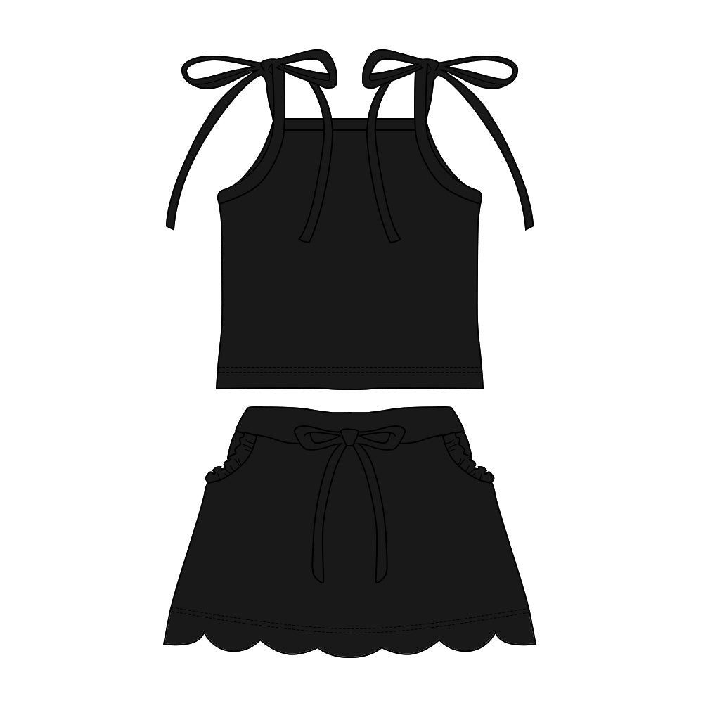 GSD3910 Preorder Baby Girl Black Strap Top Scallop Pockets Skirt Shorts Clothes Set