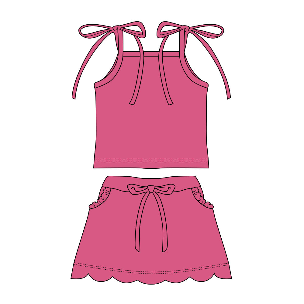 GSD3914 Preorder Baby Girl Hot Pink Strap Top Scallop Pockets Skirt Shorts Clothes Set