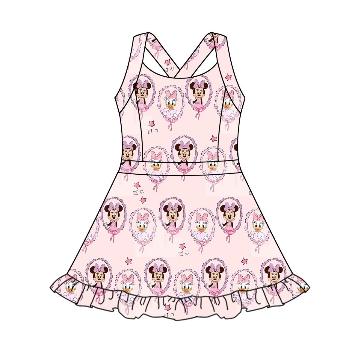 GSD3915 Preorder Baby Girl Strap Cartoon Mouse Ducks Yoga Active Knee Length Dresses