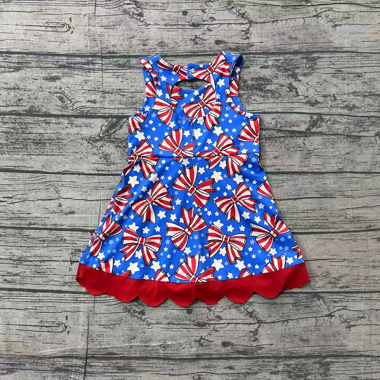 GSD3925 Preorder Sample Baby Girls Flag Bows Stars 4th of July Yoga Active Scallop Short Knee Length Dress