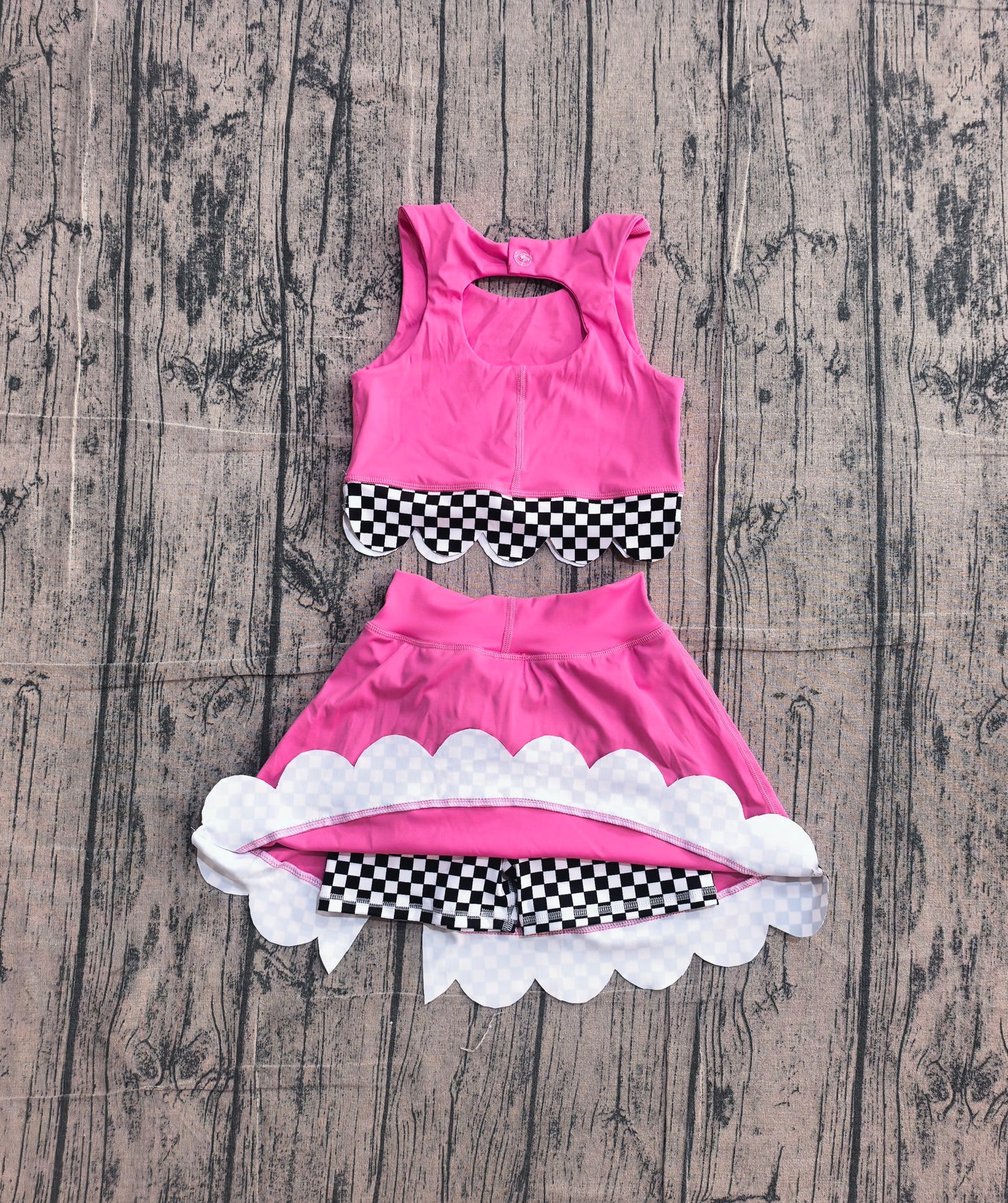 GSD3926 Preorder Sample Baby Girls Pink Sleeveless Vests Top Bows Short Yoga Active Scallop Clothes Set