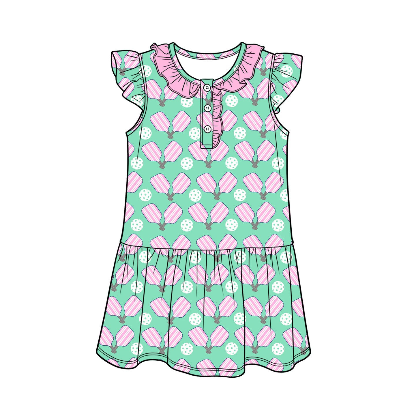 GSD3927 Preorder Baby Girl Flutter Sleeve Tennis Button Team Knee Length Dresses