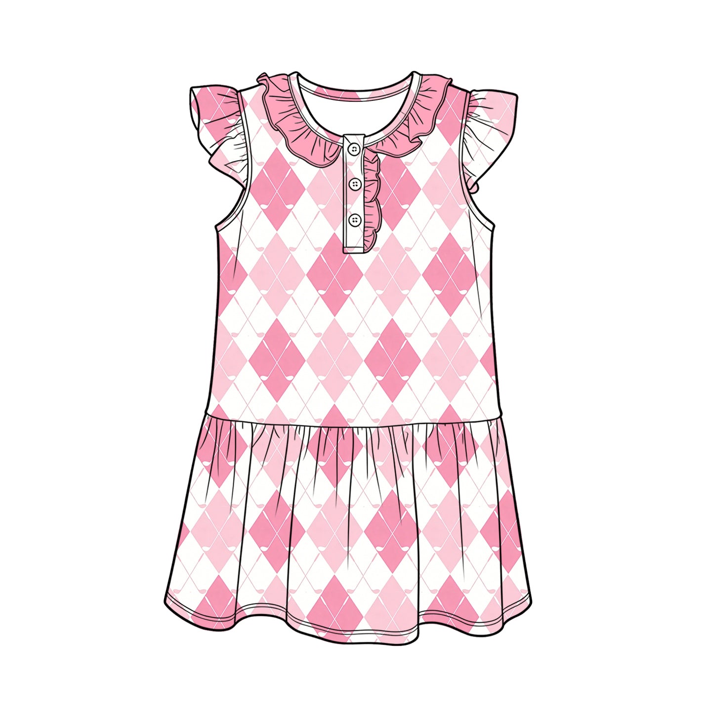 GSD3928 Preorder Baby Girl Flutter Sleeve Pink Golf Checked Button Knee Length Dresses