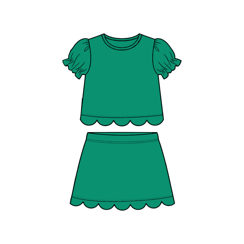GSD3931 Preorder Baby Girl Green Short Ruffle Sleeve Top Skirt Short Scallop Clothes Sets