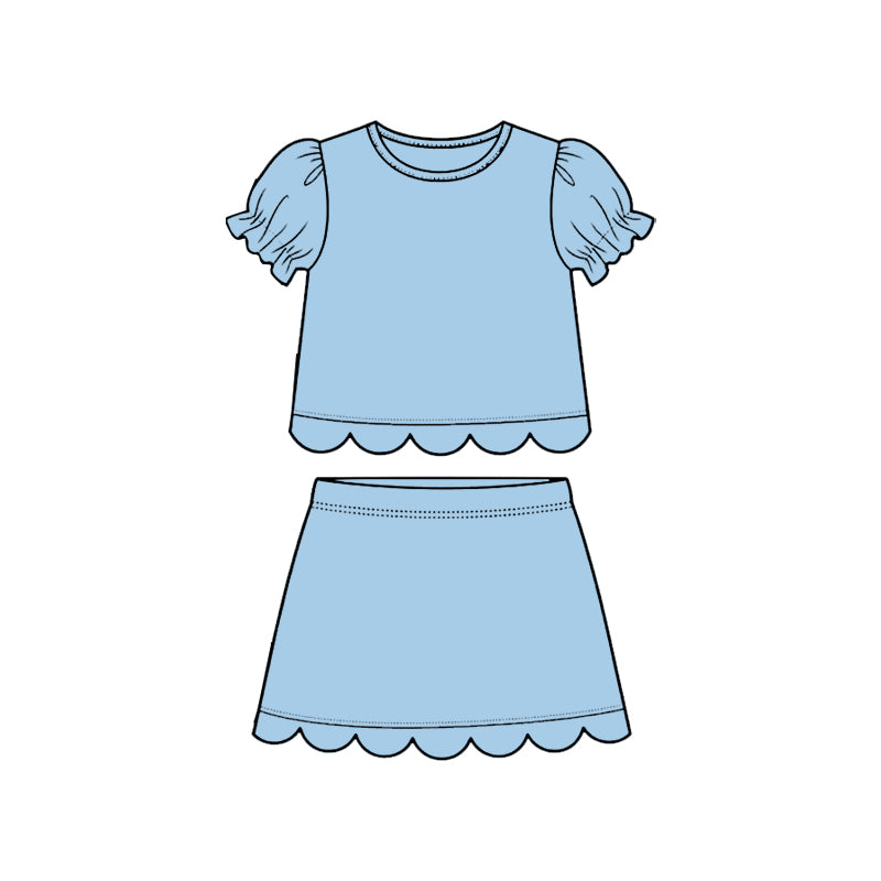GSD3933 Preorder Baby Girl Blue Short Ruffle Sleeve Top Skirt Short Scallop Clothes Sets
