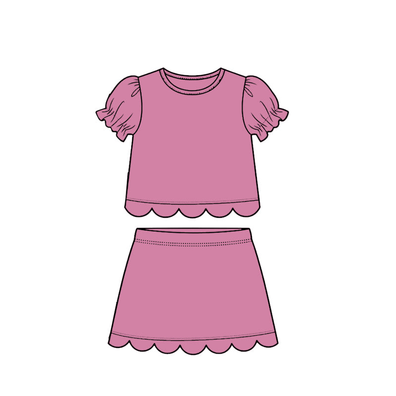 GSD3939 Preorder Baby Girl Pink Short Ruffle Sleeve Top Skirt Short Scallop Clothes Sets