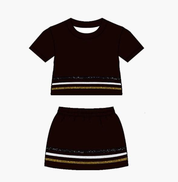 GSD3943 Preorder Baby Girl Dark Brown Short Sleeve Stripe Top Skirt Short Clothes Sets