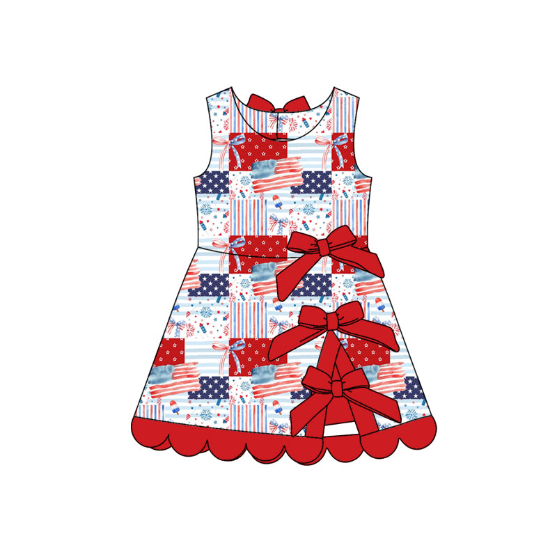 GSD3945 Preorder Baby Girl Bows Flags 4th of July Yoga Active Scallop Short Knee Length Dress