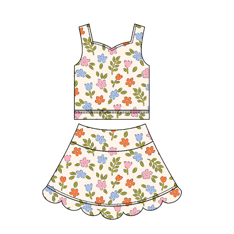 GSD3947 Preorder Baby Girl Strap Colorful Flowers Top Scallop Skirt Short Yoga Active Clothes Set