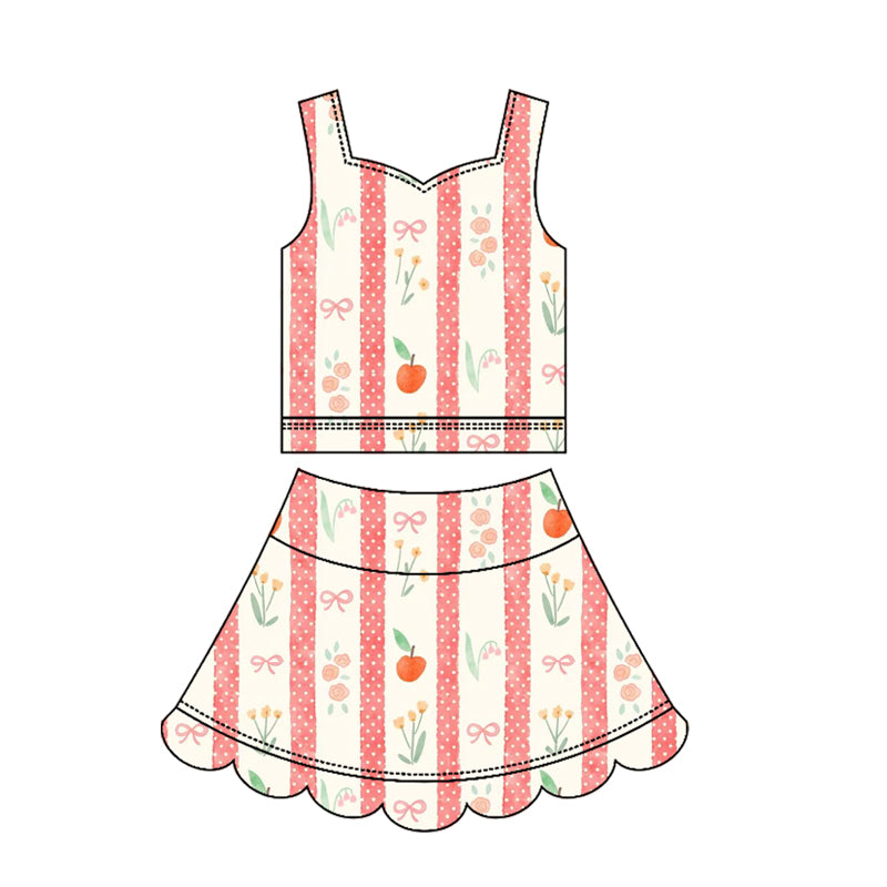 GSD3948 Preorder Baby Girl Strap Flower Stripe Top Scallop Skirt Short Yoga Active Clothes Set
