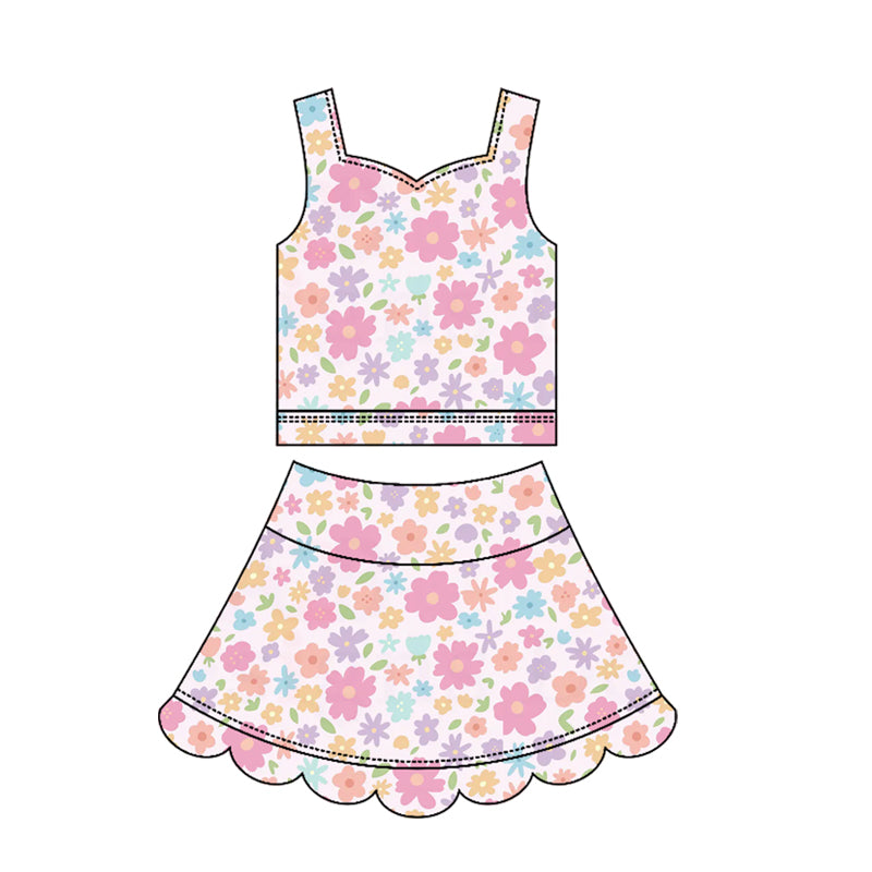 GSD3950 Preorder Baby Girl Strap Colorful Flowers Top Scallop Skirt Short Yoga Active Clothes Set