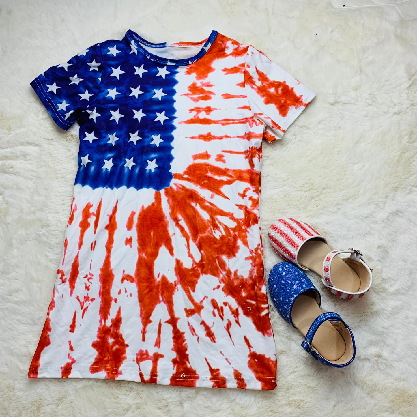 GSD3957 Preorder Baby Girl Tie-dye Flags Stars 4th of July Knee Length Dresses