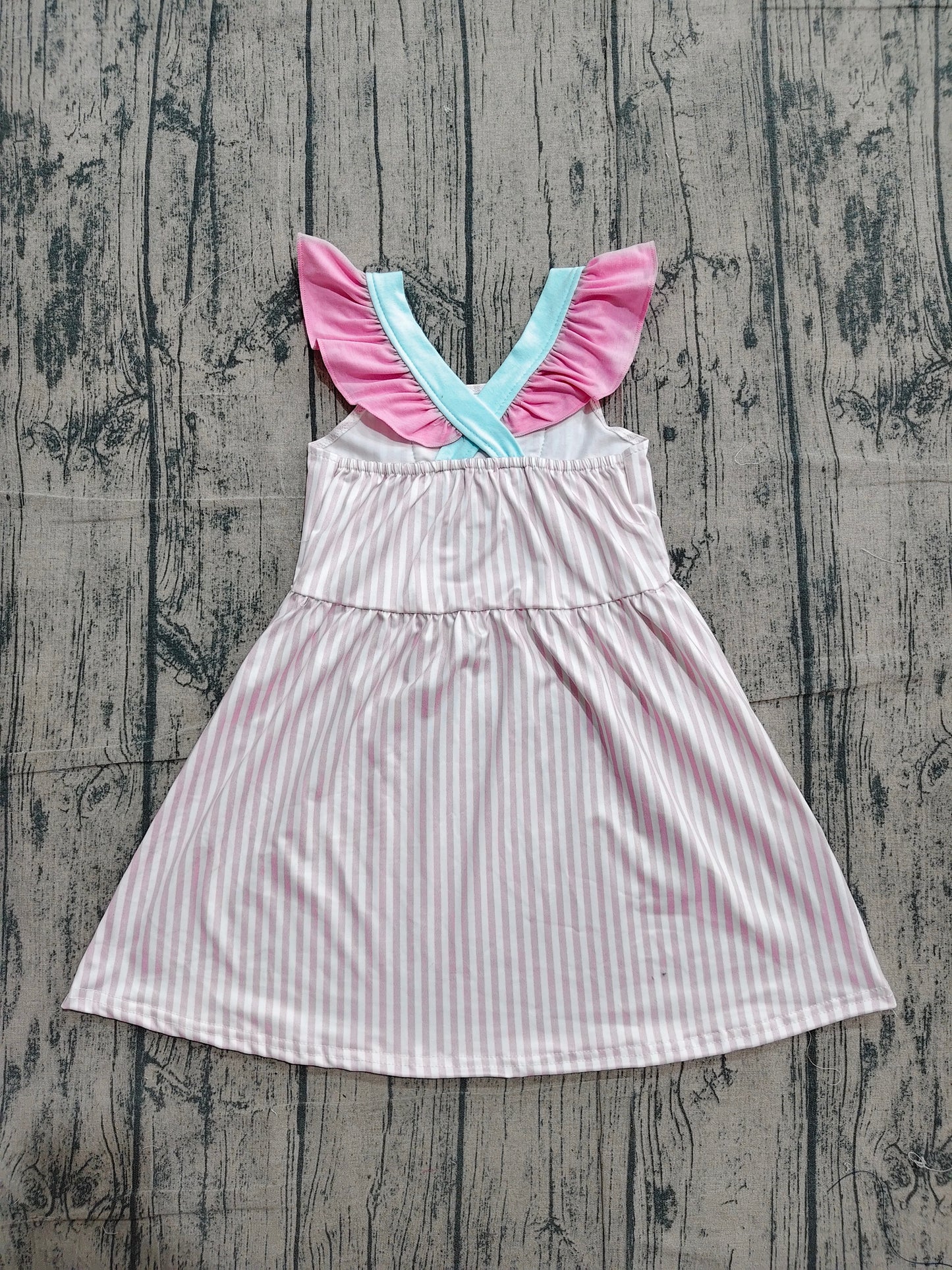 GSD3958 Preorder Sample Embroidery Baby Girls Pink Stripe Button Bows Pockets Knee Length Dresses
