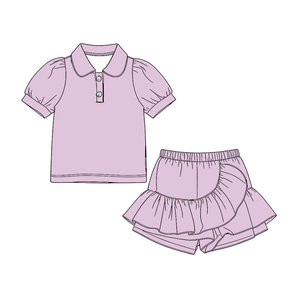GSD3960 Preorder Baby Girl Lavender Short Sleeve Button Polo Shirt Ruffle Skirt Shorts Clothes Set