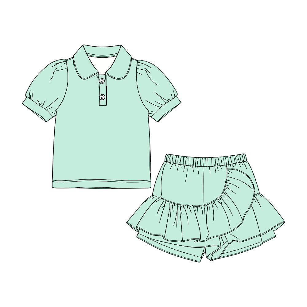 GSD3962 Preorder Baby Girl Aqua Short Sleeve Button Polo Shirt Ruffle Skirt Shorts Clothes Set