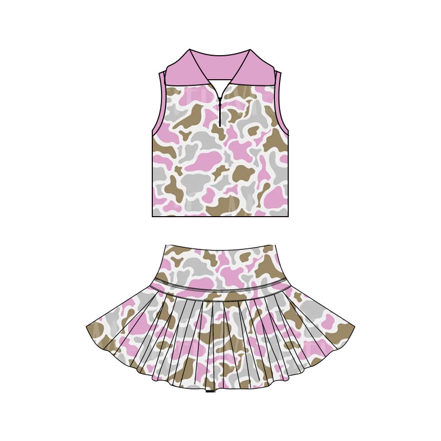 GSD3967 Preorder Baby Girl Pink Camo Zipper Top Skirt Short Yoga Active Clothes Set