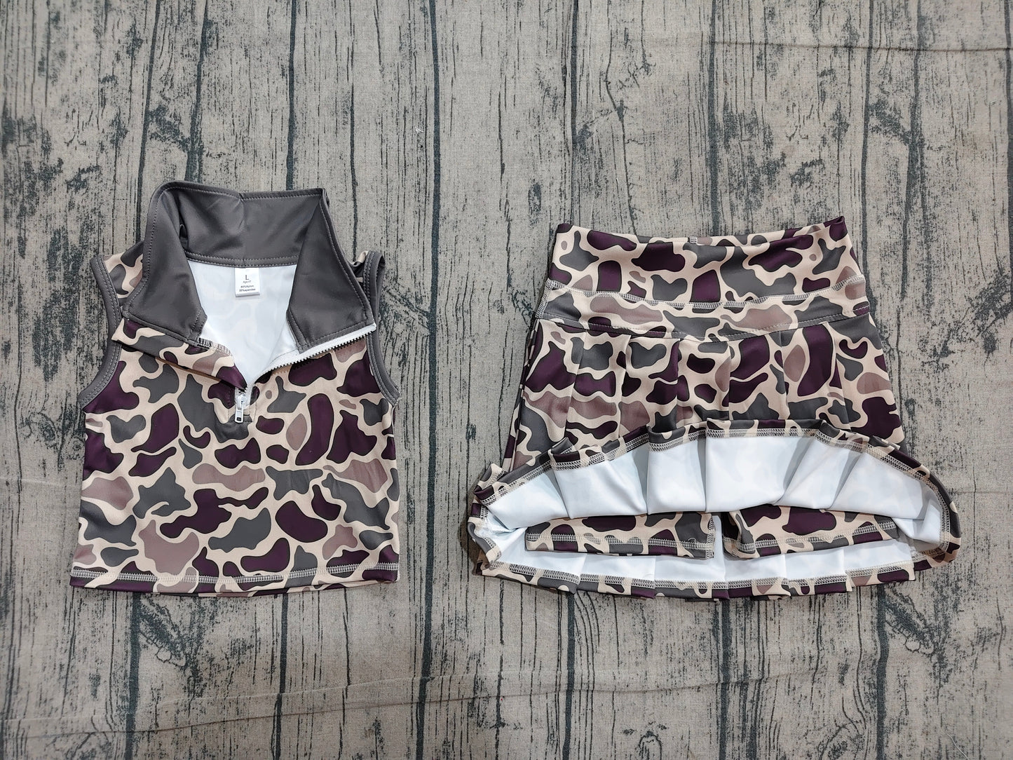 GSD3969 Preorder Sample Baby Girls Brown Camo Zipper Top Skirt Short Yoga Active Clothes Set
