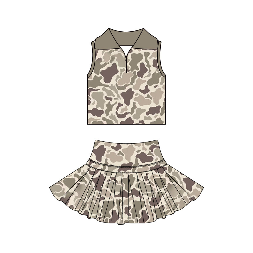 GSD3970 Preorder Baby Girl Khaki Camo Zipper Top Skirt Short Yoga Active Clothes Set